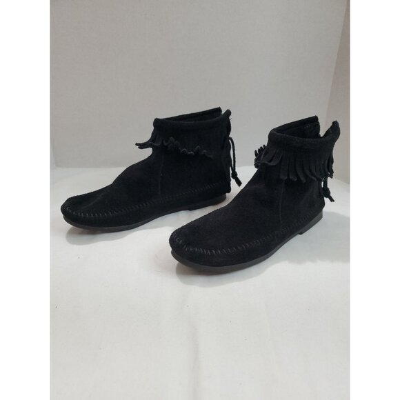 Minnetonka Women's Moccasin Size 5 Black Suede Ankle Fringe Zip Boots Leather - Picture 6 of 11